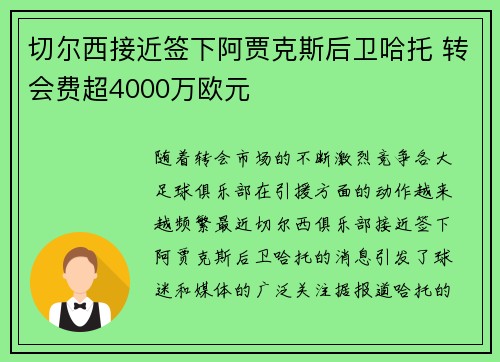 切尔西接近签下阿贾克斯后卫哈托 转会费超4000万欧元