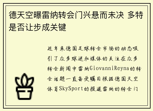 德天空曝雷纳转会门兴悬而未决 多特是否让步成关键