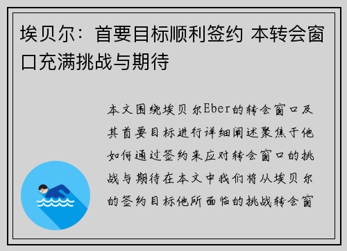 埃贝尔：首要目标顺利签约 本转会窗口充满挑战与期待